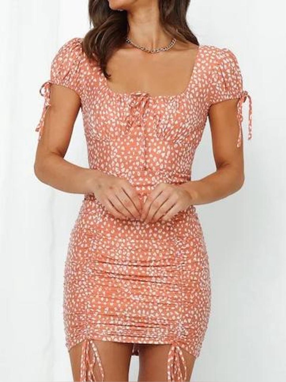 Hello Molly Ruched Mini Dress Short Sleeve Orange White Dot Print Bodycon Small